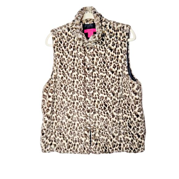 Betsey Johnson Leopard Print Faux Fur Vest Large Hook Closure Pockets EUC - Picture 5 of 5